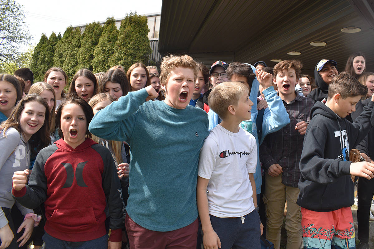 Skeena Middle School students across all grade levels walked out of their classrooms at 11:11 a.m. on May 1, 2019. They gathered at Coast Mountains School District 82’s head office on Kenney St. to protest against staffing changes announced by the district last week. (Brittany Gervais/The Terrace Standard)