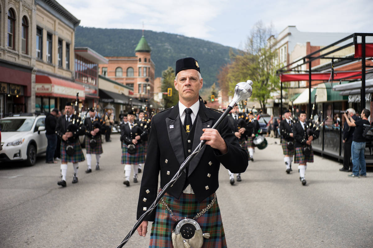 Drum Major Niel Kay leads the Kamloops Pipe Band as they march down Baker Street during the annual Spring Fling on Saturday. It’s the third time in 20 years the event has been hosted in Nelson. Eighty-four-year-old Norm Hansen — who joined the Kootenay Kiltie Pipe Band in the 1940s — said he had never seen so many pipe bands in one place before. “It’s really something to behold,” he said.