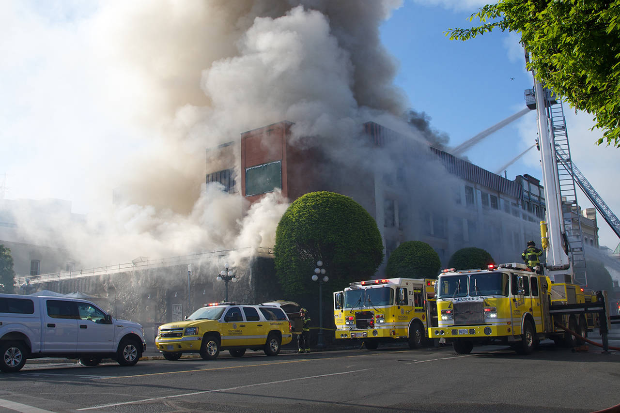 Crews battled a large building fire in downtown Victoria the morning of May 6. Mike Daeger was the caretaker of the facility, and is currently unaccounted for. (Nicole Crescenzi/News Staff)