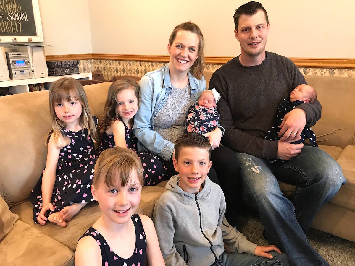 Photo by LANA MICHELIN/Advocate staff                                Pam and Taylor Armstrong with their three sets of twins, newborns Maverick and Blakely; Brynlee and Adileigh, 5, and Parker and Emery, 9. The latest set of twins arrived at the Armstrong household two weeks ago.