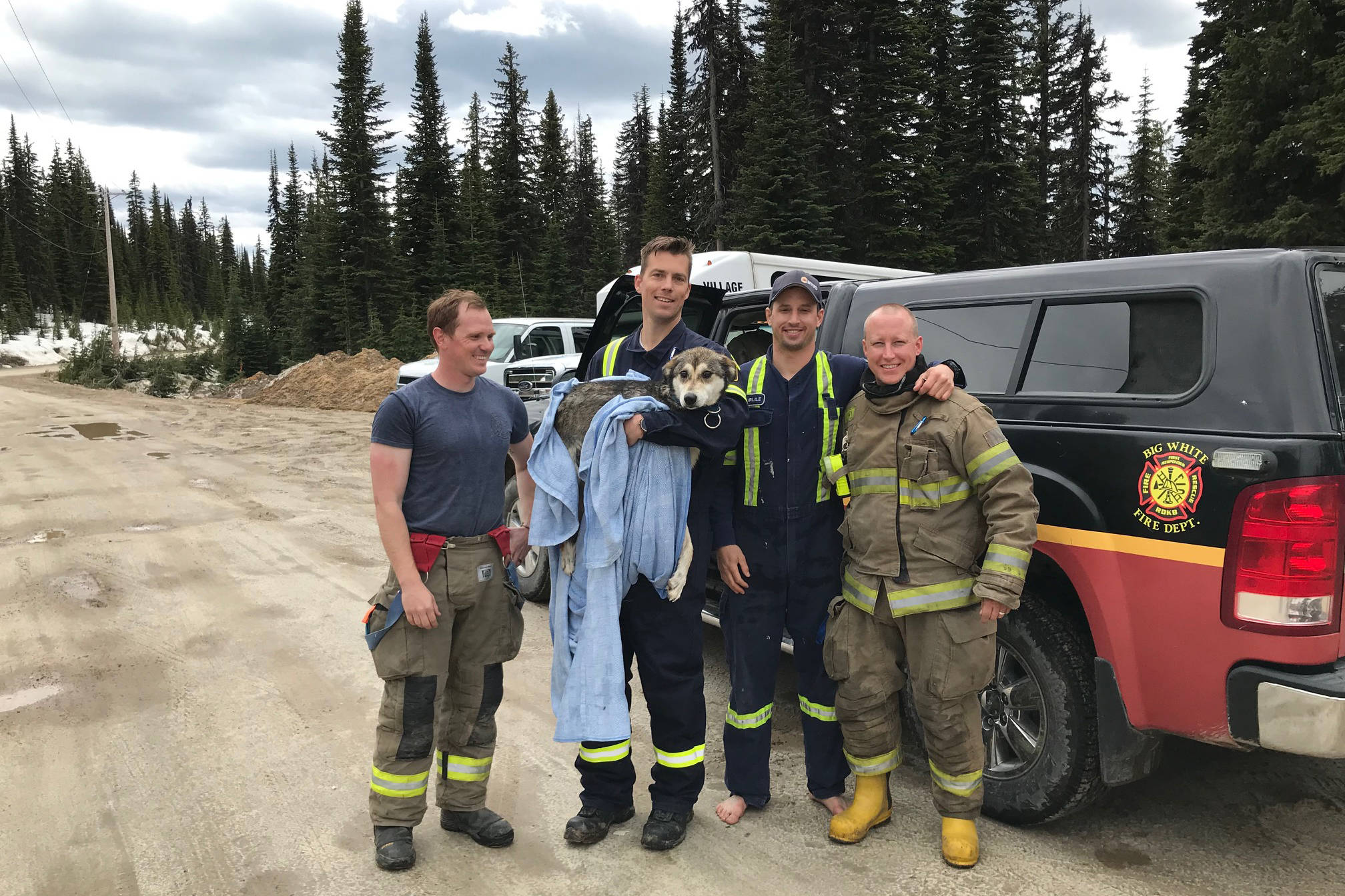 Big White Firefighters rescued the dog stuck in the ice Monday afternoon. Photo: Big White Ski Resort