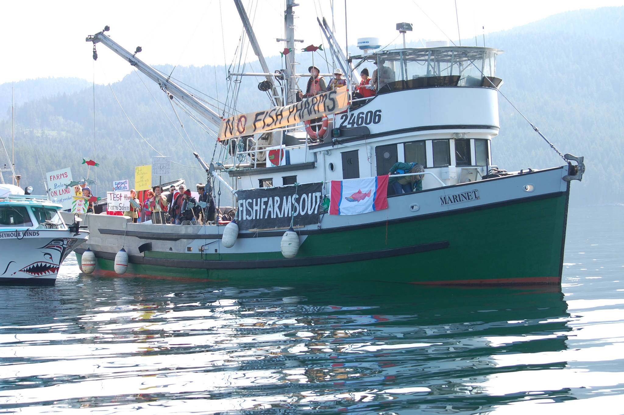 Protesters attend a rally against the Cyrus Rocks fish farm in Okisollo Channel, northeast of Quadra Island, on May 28, 2019. Photo by David Gordon Koch/Campbell River Mirror
