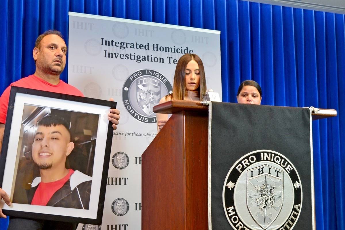 The family of Jaskaran Bhangal addresses media in a renewed call for information that could help police solve the 17-year-old’s death. Bhangal and Jason Jhutty were found shot to death one year ago today in South Surrey. (Tracy Holmes photo)