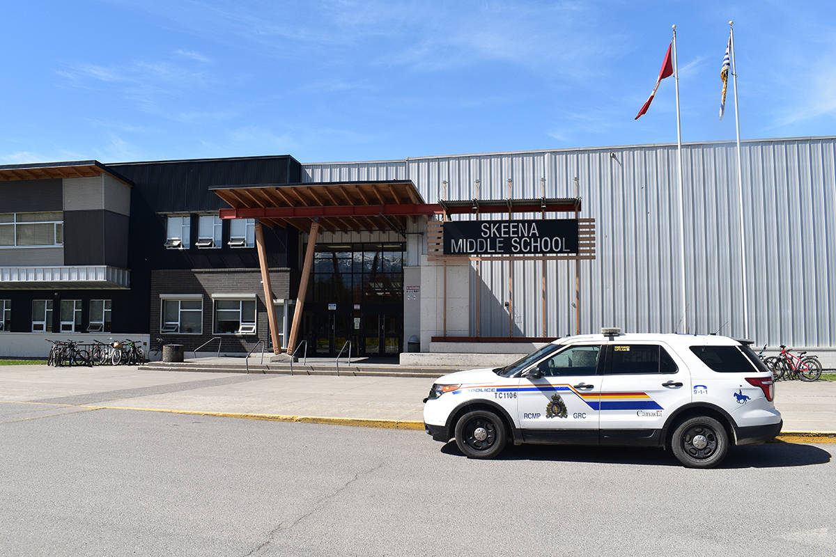 Terrace RCMP squadron cars monitored Skeena Middle School grounds after threats were made last May. (Brittany Gervais photo)