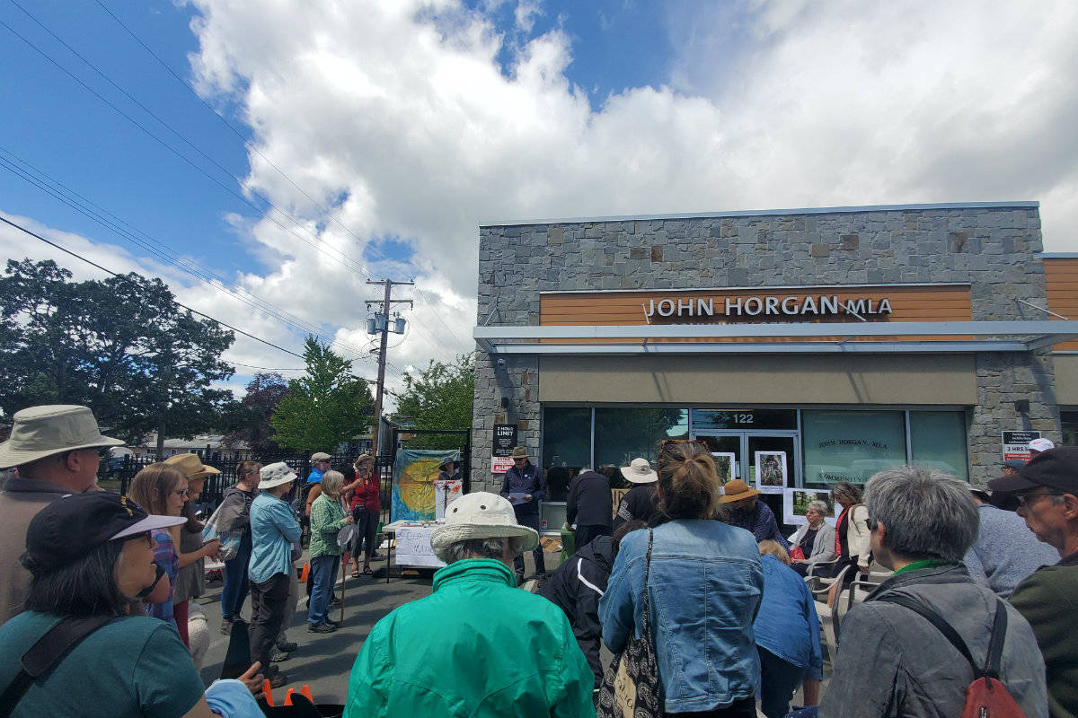 Protesters sent a message to Victoria outside Premier John Horgan’s community office on June 6 calling for the protection of Old Growths (Swikar Oli/ News staff)