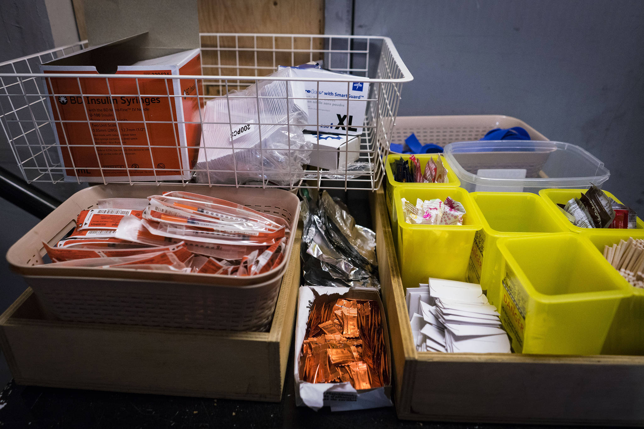 Supplies like clean needles are available at the Overdose Prevention Society’s safe-injection site. MUST CREDIT: Photo for The Washington Post John Lehmann