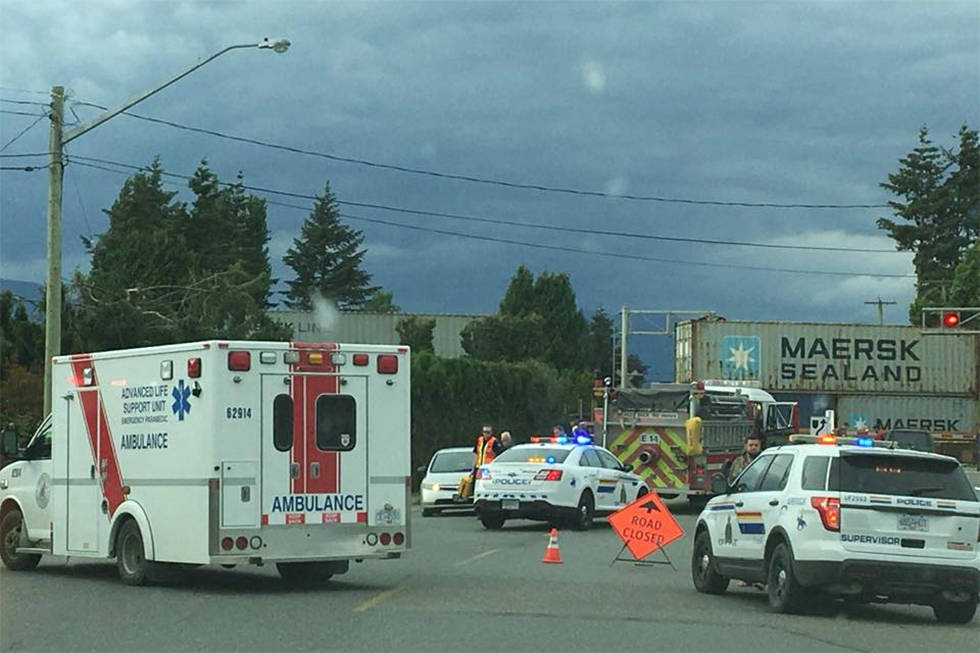 The scene at the rail crossing on Broadway Avenue in Chilliwack on May 26, 2018 after a man in a wheelchair stuck on the tracks was killed. (D. Todd Jerome photo)