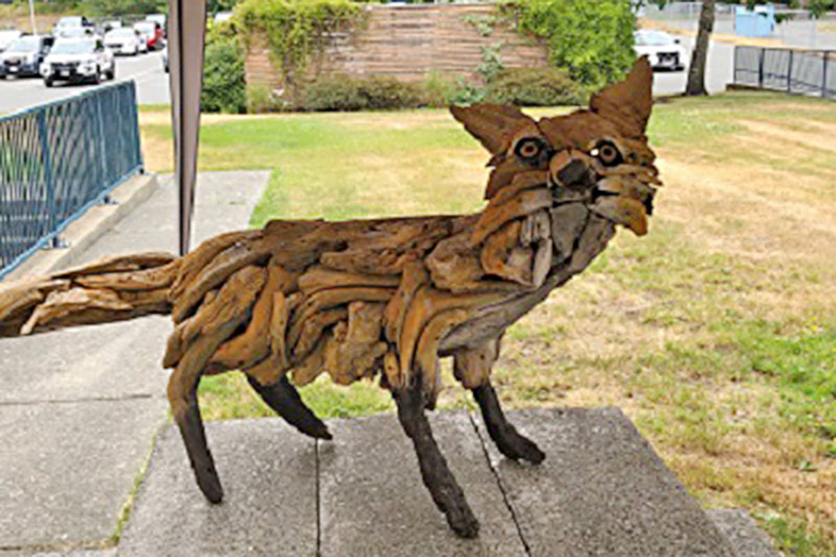 Fergus the Fox, a driftwood sculpture by artist Alex Witcombe, is shown outside the Campbell River police detachment after it was recovered on July 3, 2019. Photo courtesy Campbell River RCMP