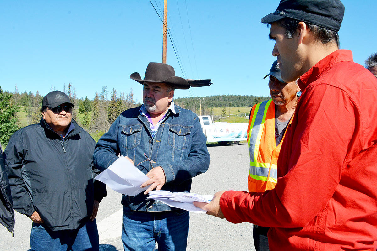 Tsilhqot’in Chiefs Roy Stump, ?Esdilagh, from left, Joe Alphonse, Tl’etinqox and TNG tribal chair and Cecil Grinder at a peaceful protest held Tuesday, July 3, at the entrance to the Farwell Canyon Road at Highway 20, 57 km west of Williams Lake. The Tsilhqot’in Nation set up the camp the evening before to prevent Taseko Mines Ltd. from hauling equipment to Teztan Biny (Fish Lake) area to begin exploratory drilling for its proposed New Prosperity Mine project. Monica Lamb-Yorski photo