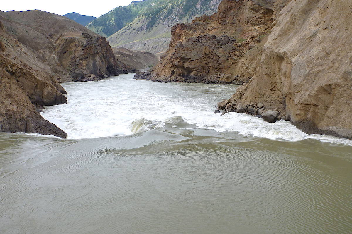 Extreme turbulence at the site of the rock slide in the Fraser River near Big Bar is blocking fish passage.