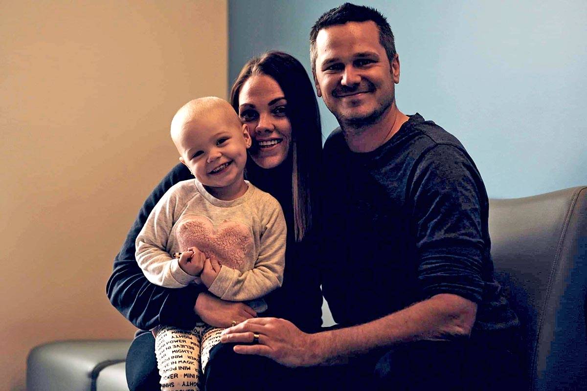 Three-year-old Ella Mucha with her mother Alyssa and dad Dustin at BC Children’s Hospital in Vancouver. Ella was diagnosed with Acute Lymphoblastic Leukemia on Oct. 8, 2018. (Submitted)