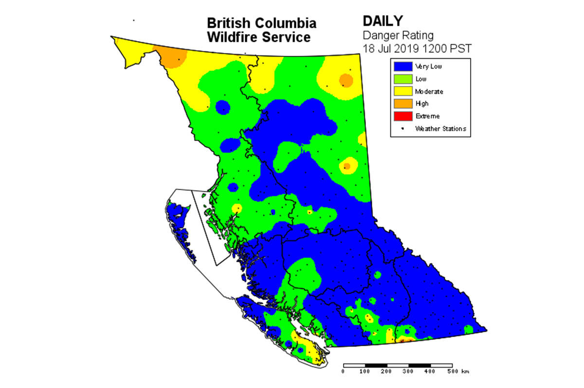 While the map of B.C. tweeted out by the BC Wildfire Service shows low to very low risk of wildfire the service maintains British Columbians should not become complacent. (Twitter)