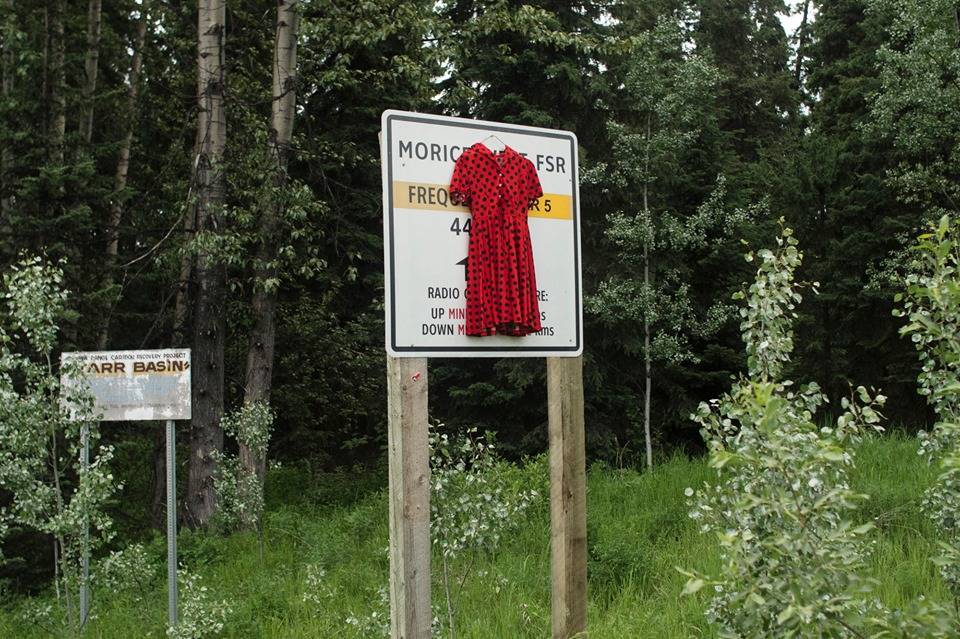 A red dress attached to the 44 kilometre marker of the Morice River Forest Service Road where the Gidimt’en Clan has rebuilt an encampment and gate. The dress is a symbol signifying missing and murdered women. (Facebook photo)