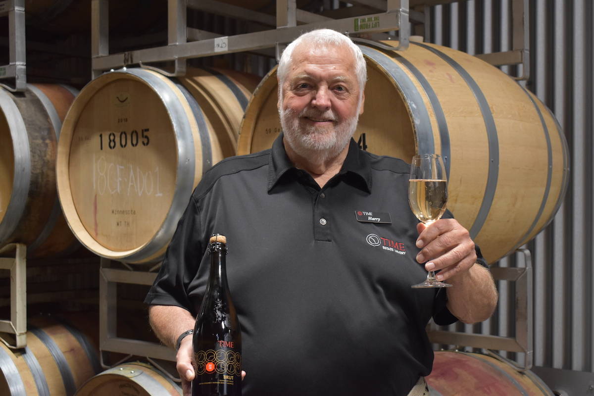 Harry McWatters, CEO of TIME Winery, enjoyed a glass of the winery’s first ever sparkling wine, TIME brut at the winery’s recently celebrated one-year anniversary earlier this month. The family of McWatters announced his sudden death on July 23. (Brennan Phillips - Western News)
