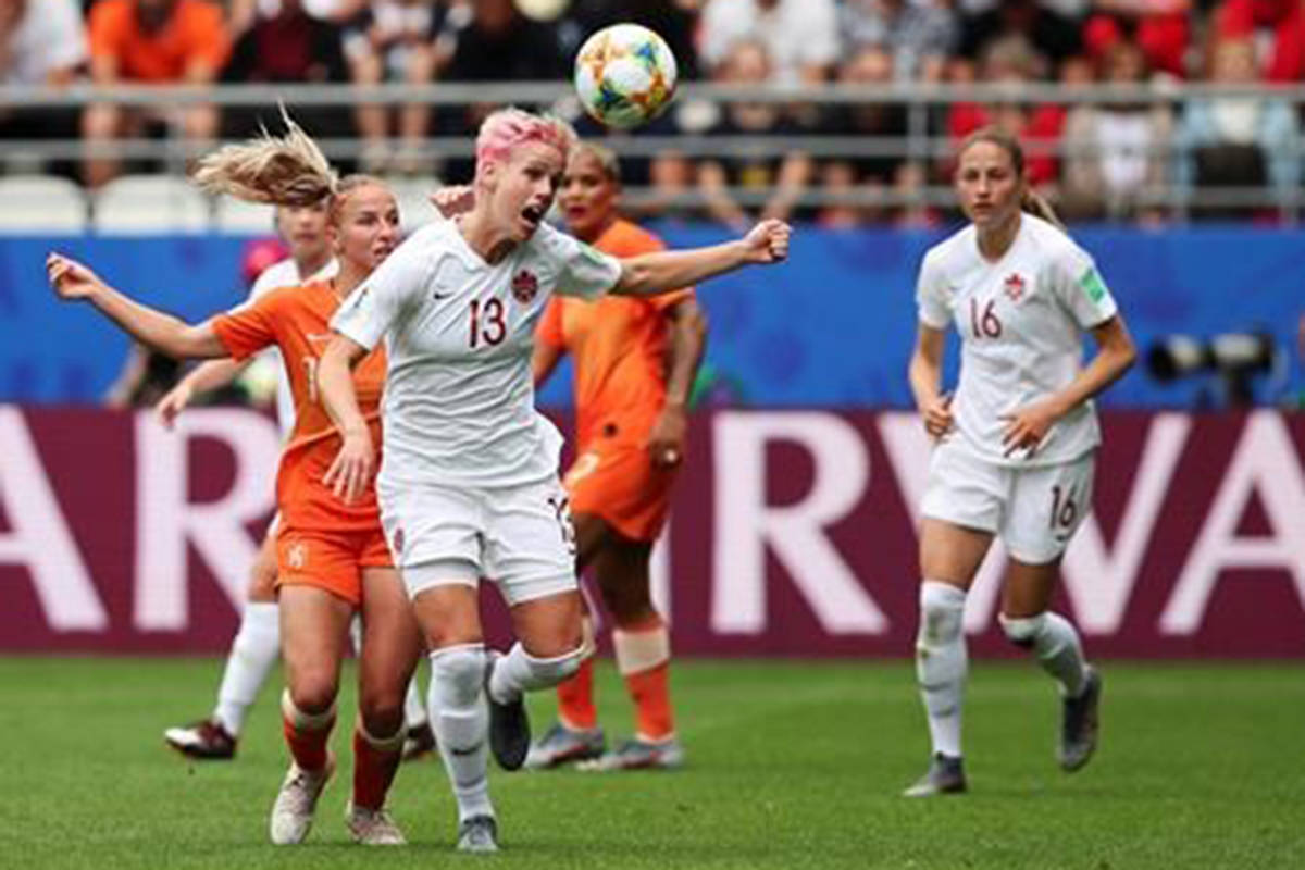 Canada’s Sophie Schmidt tries to keep control of the ball during the Women’s World Cup Group E soccer match between the Netherlands and Canada at Stade Auguste-Delaune in Reims, France, Thursday, June 20, 2019. (AP Photo/Francisco Seco)