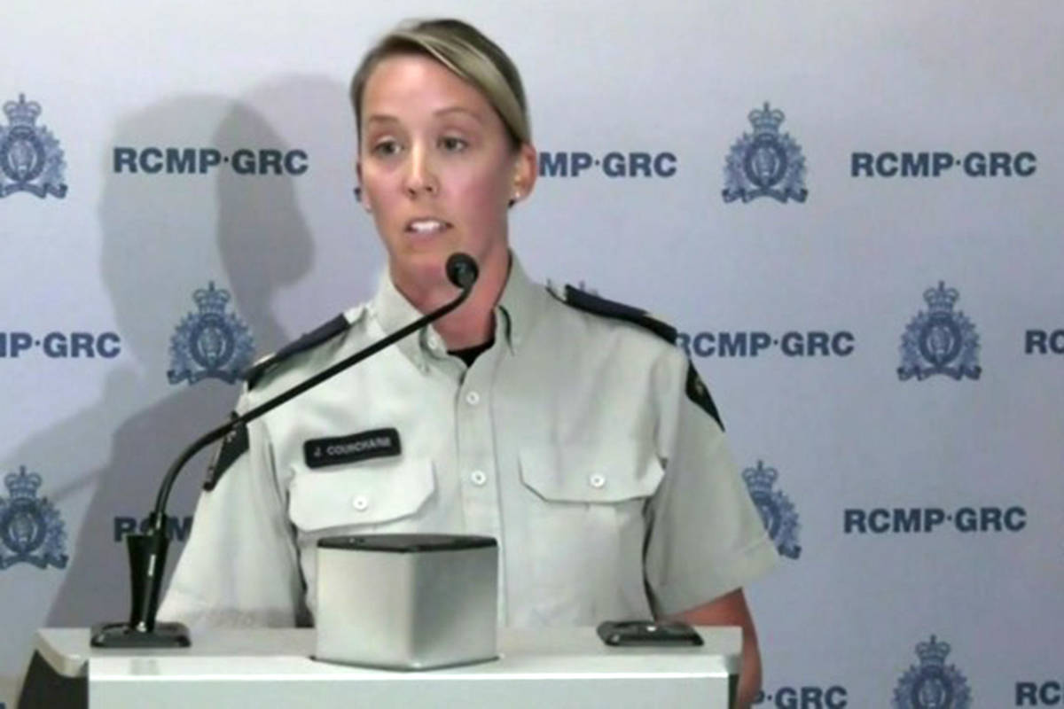 Manitoba RCMP Cpl. Julie Courchaine talks to media on July 25, 2019, as police continue their manhunt for Kam McLeod and Bryer Schmegelsky, wanted in the killing of Leonard Dyck and in connection to two other deaths in northern B.C. (AP photo)