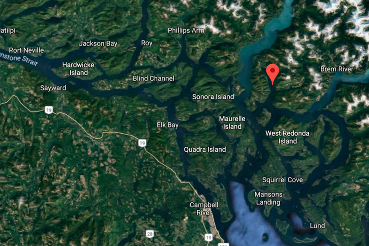 A grizzly bear attacked a Quadra Island man in the backcountry area of Ramsey Arm, about 2.5 hours north of Powell River, on Monday. Image from Google Maps