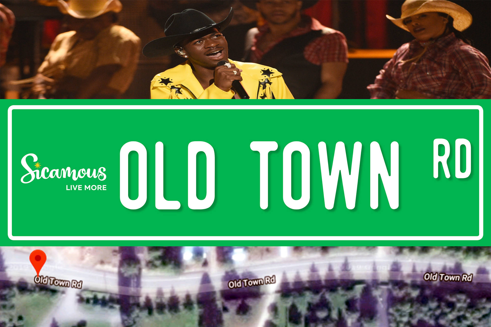 Above, Lil Nas X performs the wildly popular “Old Town Road” at the BET Awards in Los Angeles.(Photo by Chris Pizzello/Invision/AP, File) Middle, an example of the signs the Sicamous Chamber of Commerce will be selling in response to interest in and thefts of the district’s Old Town Road sign. (District of Sicamous Image)