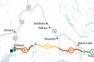 Map of pipeline route showing location of Section 8 on which work has been stopped due to discrepancies with archaeological impact assessments. Coastal GasLink graphic.