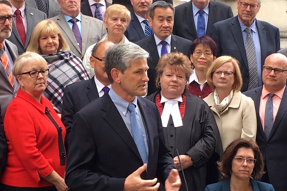 B.C. Liberal leader Andrew Wilkinson and MLAs at the B.C. legislature. (Tom Fletcher/Black Press)
