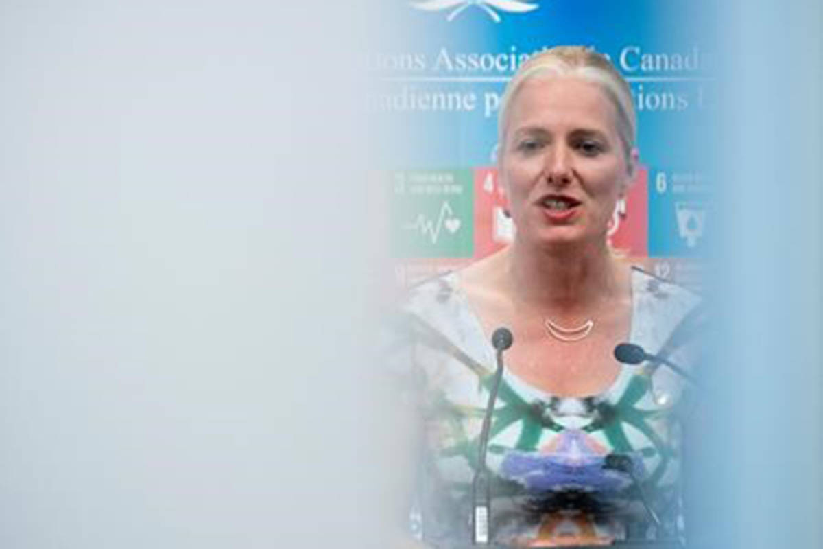 Minister of Environment and Climate Change Catherine McKenna speaks during an announcement in Ottawa, Monday August 26, 2019. THE CANADIAN PRESS/Adrian Wyld