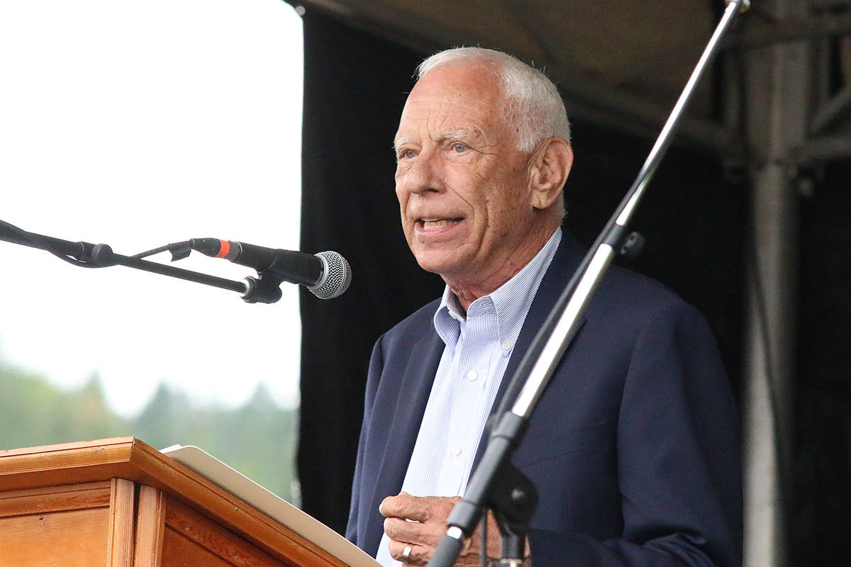 Those who attended the opening ceremonies of Lake Cowichan’s 75th anniversary party got to hear some words of wisdom from Dr. Bill Carpentier. He spoke at length at a special event the previous evening. (Lexi Bainas/Gazette)