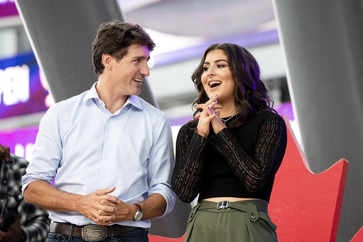 Liberal Leader Justin Trudeau is seen on stage with Bianca Andreescu as she takes part in the SheTheNorth rally after winning the US Open, in Mississauga, Ont., on Sunday, Sept. 15, 2019. THE CANADIAN PRESS/Christopher Katsarov