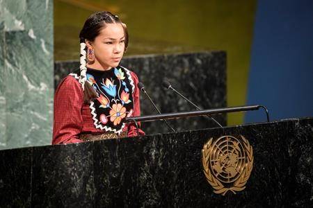Autumn Peltier, a teenage activist from Wiikwemkoong First Nation on Manitoulin Island, Ont., addresses the United Nations General Assembly on March 22, 2018. (Handout photo by United Nations-Manuel Elias)