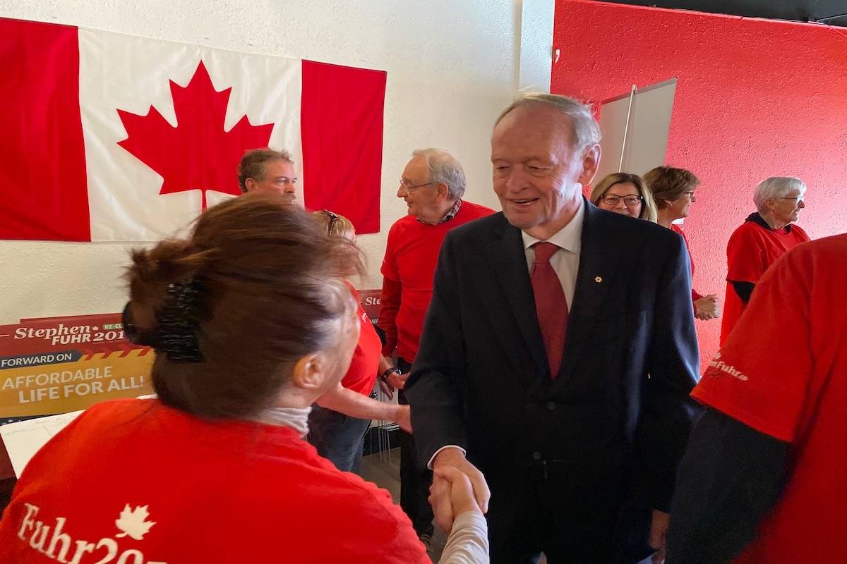 Former Canadian prime minister Jean Chretien was seen shaking hands with Liberal supporters at Stephen Fuhr’s candidate office in Kelowna on Friday. (Alistairs Waters)