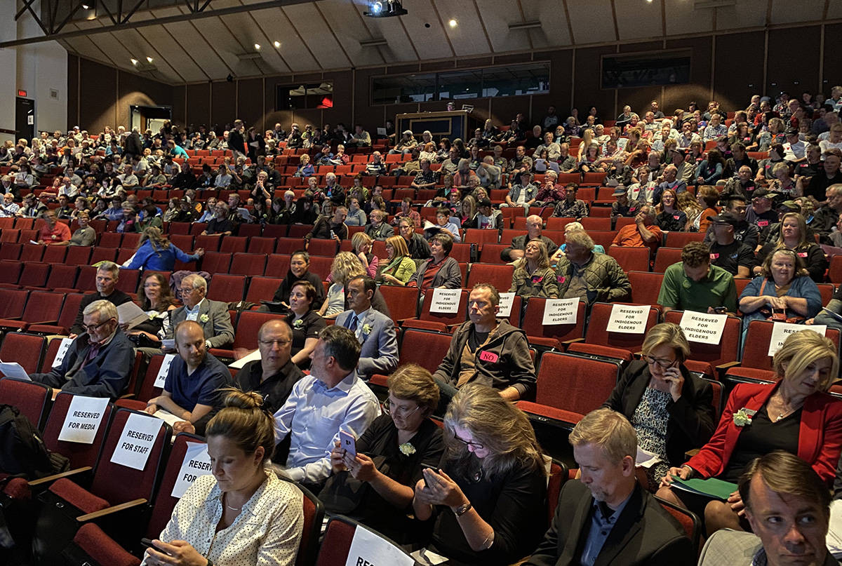 A large crowd turned out at the Cowichan Theatre for the public hearing on the Vancouver Island Motorsport Circuit expansion proposal on Tuesday night. (Warren Goulding/Citizen)