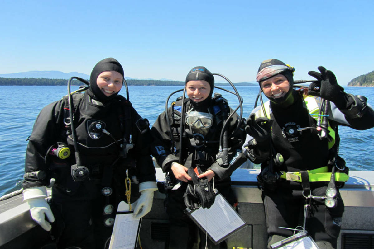 UVic Masters student, Desirée Bulger (middle) has been researching the effectiveness of artificial reefs (Tobias Scharvogel photo)