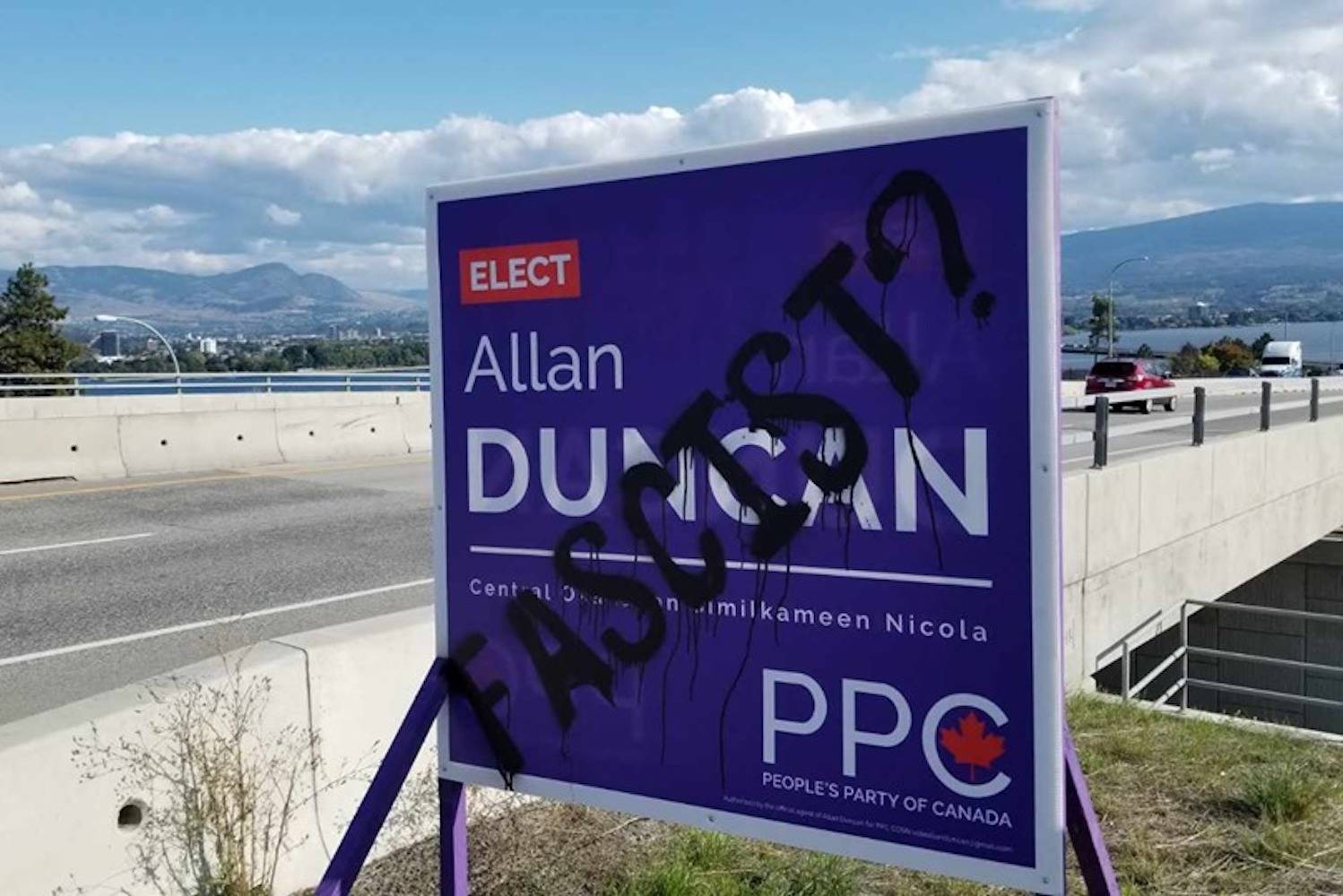 One of three signs along Highway 97 in West Kelowna that were vandalized. (Contributed)
