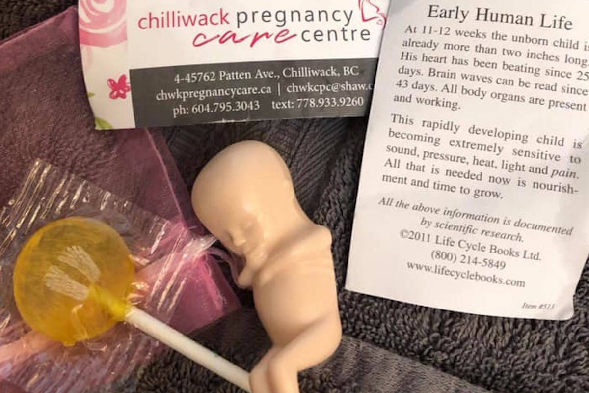 Handouts at Rosedale Harvest Festival on Oct. 5, 2019 included little baggies containing plastic fetuses and lollipops from the Chilliwack Pregnancy Care Centre. (Facebook)