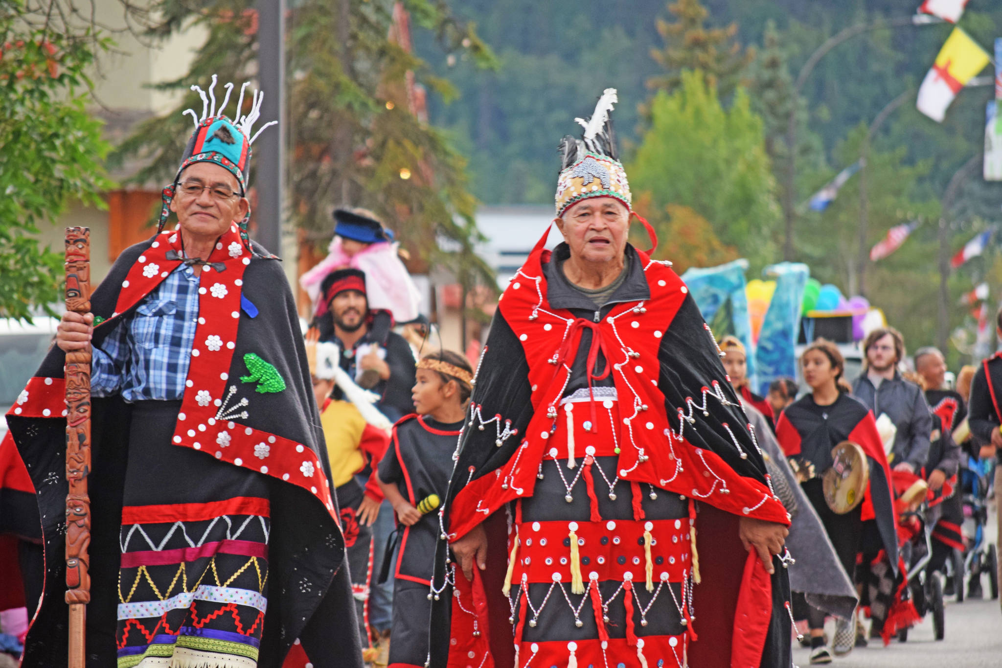 Wet’suwet’en Hereditary Chief Na’Moks (Left) and Wet’suwet’en Hereditary leader of the Gidmt’en clan Chief Madeek (right) at the annual fall fair parade in Smithers. In an Oct. 4 press release the hereditary chiefs demanded that a cease-and-desist order be immediately issued to Coastal GasLink’s pipeline project due to their claims of “ongoing destruction of Wet’suwet’en cultural heritage and archaeological sites, and non-compliance with Wet’suwet’en and BC Provincial law.” (Trevor Hewitt photo)