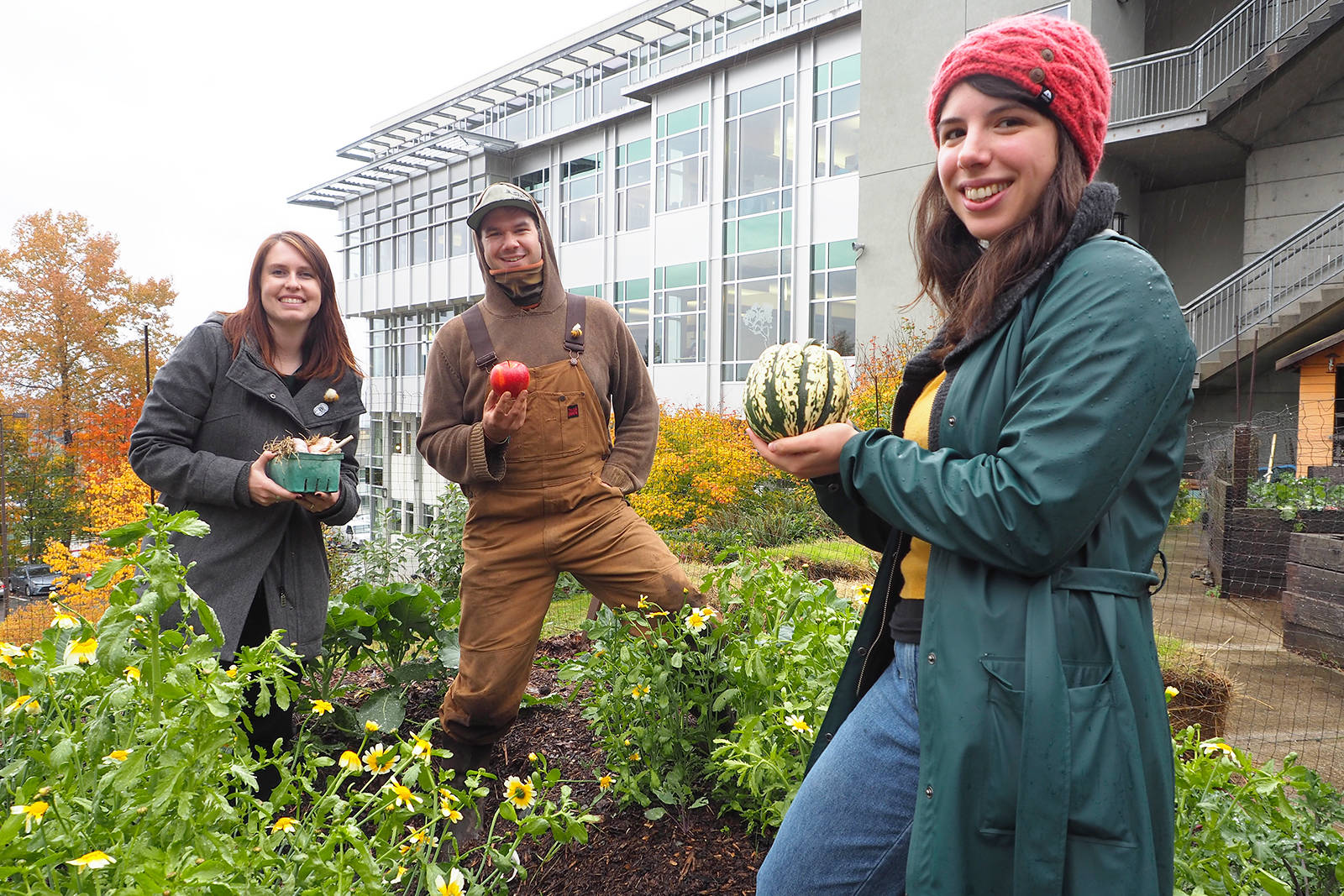Kirby Delaney, a VIU masters of community planning program graduate who wrote her thesis on the benefits of bees in communities, left, Chris Brown, masters of education student and president of VIU’s Community Peace Garden, and Margot Thomaidis, a master of community planning student and member of the peace garden ecosystem club are part of an effort that helped the VIU Nanaimo campus be designated B.C.’s first Bee Campus by Bee City Canada on Wednesday. CHRIS BUSH/The News Bulletin