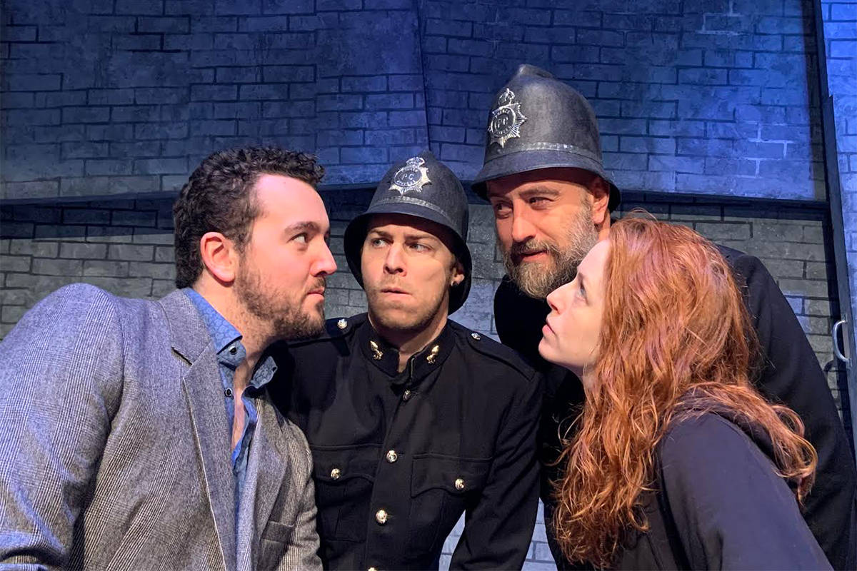 Blue Bridge Repertory Theatre cast members Gabriel Macdonald (left), Rod Peter Jr., Chris Mackie and Amanda Lisman are ready to take The 39 Steps, opening with a preview night tomorrow (Oct. 22) and running through Nov. 3 at the Roxy Theatre. Photo by Theodore Sherman
