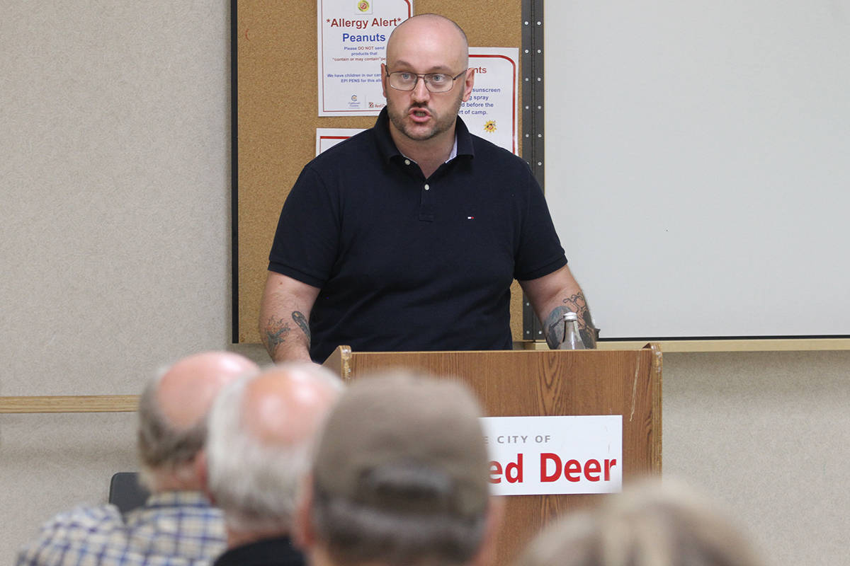 Wexit Alberta founder Peter Downing spoke to the dozens who attended a discussion at the Collicutt Centre in Red Deer in August. (File photo by Advocate staff)