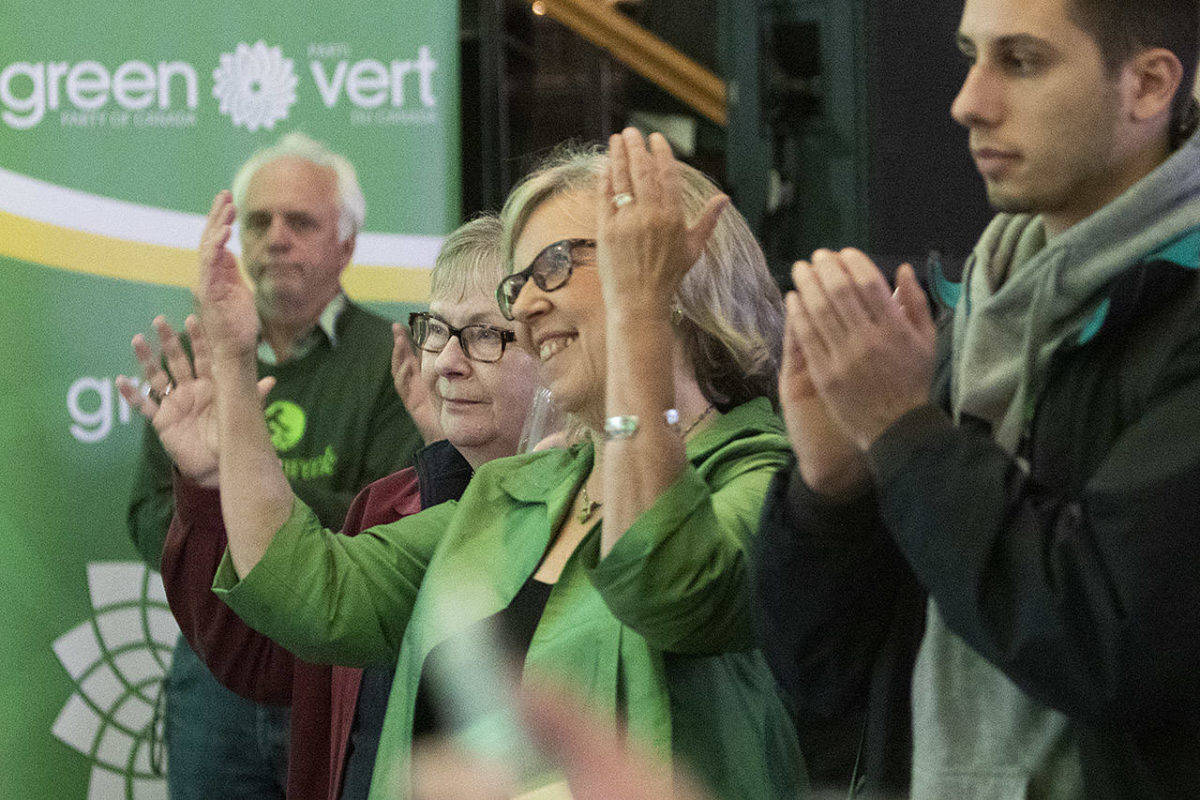 Elizabeth May, here at her victory party Monday night, said she would likely run again in 2023 to be the MP for Saanich Gulf-Islands, but left open the possibility that she might step from the party’s leadership (Arnold Lim/News Staff)