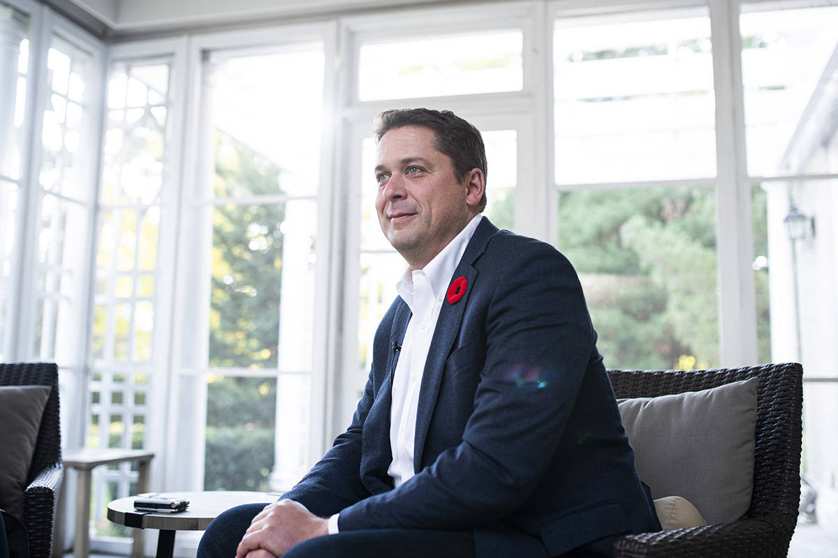 Conservative Leader Andrew Scheer participates in an interview reflecting on the 2019 Federal election, in Ottawa, on Thursday, Oct. 24, 2019. THE CANADIAN PRESS/Justin Tang