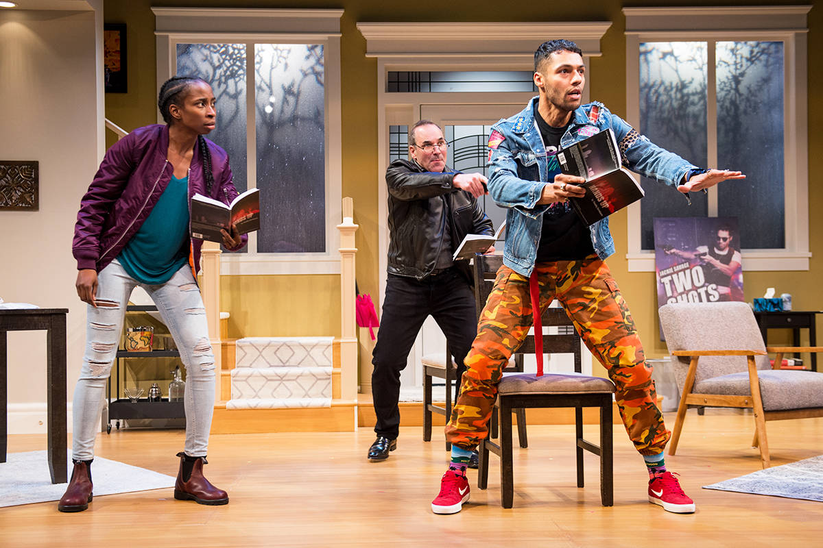 (From left) Beverly Ndukwu (as Lila Hines), Alex Poch-Goldin (Tony Cappello) and Sébastien Heins (Jackie Savage) in a scene from Bang Bang, by Kat Sandler. The Belfry Theatre co-production with the Royal Manitoba Theatre in Winnipeg runs Oct. 29 to Nov. 24 at the Belfry. Photo by Dylan Hewlett