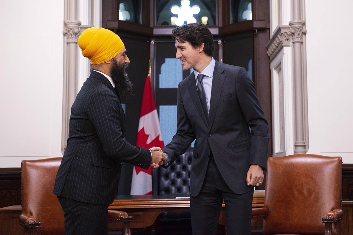 NDP leader Jagmeet Singh meets with Prime Minister Justin Trudeau on Parliament Hill in Ottawa on Thursday, Nov. 14, 2019. THE CANADIAN PRESS/Sean Kilpatrick