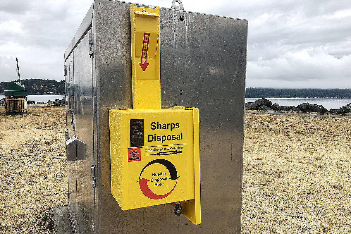 An example of an Island Health safe needle disposal box in Campbell River. (Alistair Taylor/Campbell River Mirror)