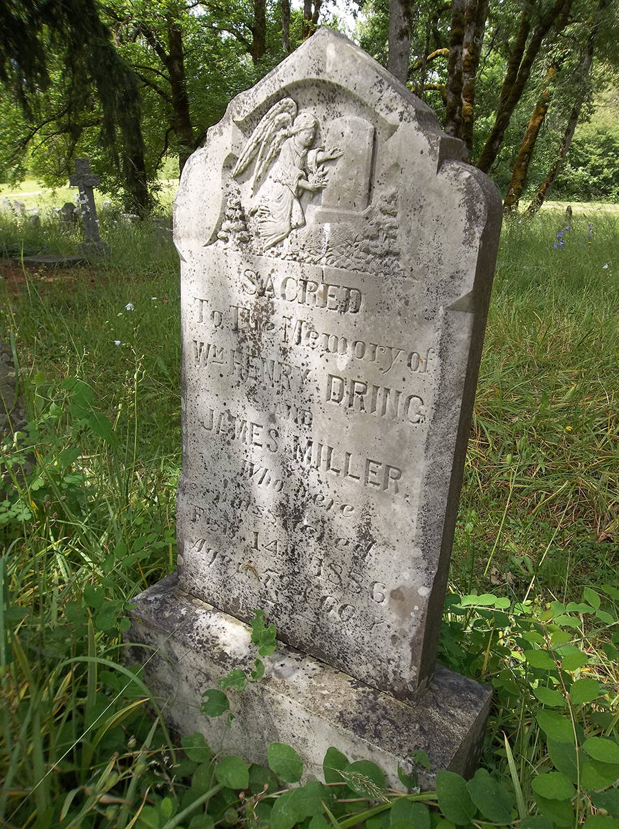The tombstone of Dring and Miller continues to intrigue viewers today at St. Peter Quamichan cemetery. (T.W. Paterson photo)