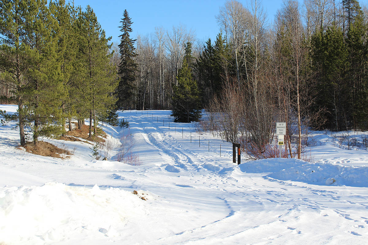 A view of Six Mile Road passing through Ronald Folwer’s property near where, on Oct. 14, 2017, Fowler shot his neighbour George Parent. Fowler was found guilty March 15 by a jury at the B.C. Supreme Court in Smithers. (Thom Barker photo)