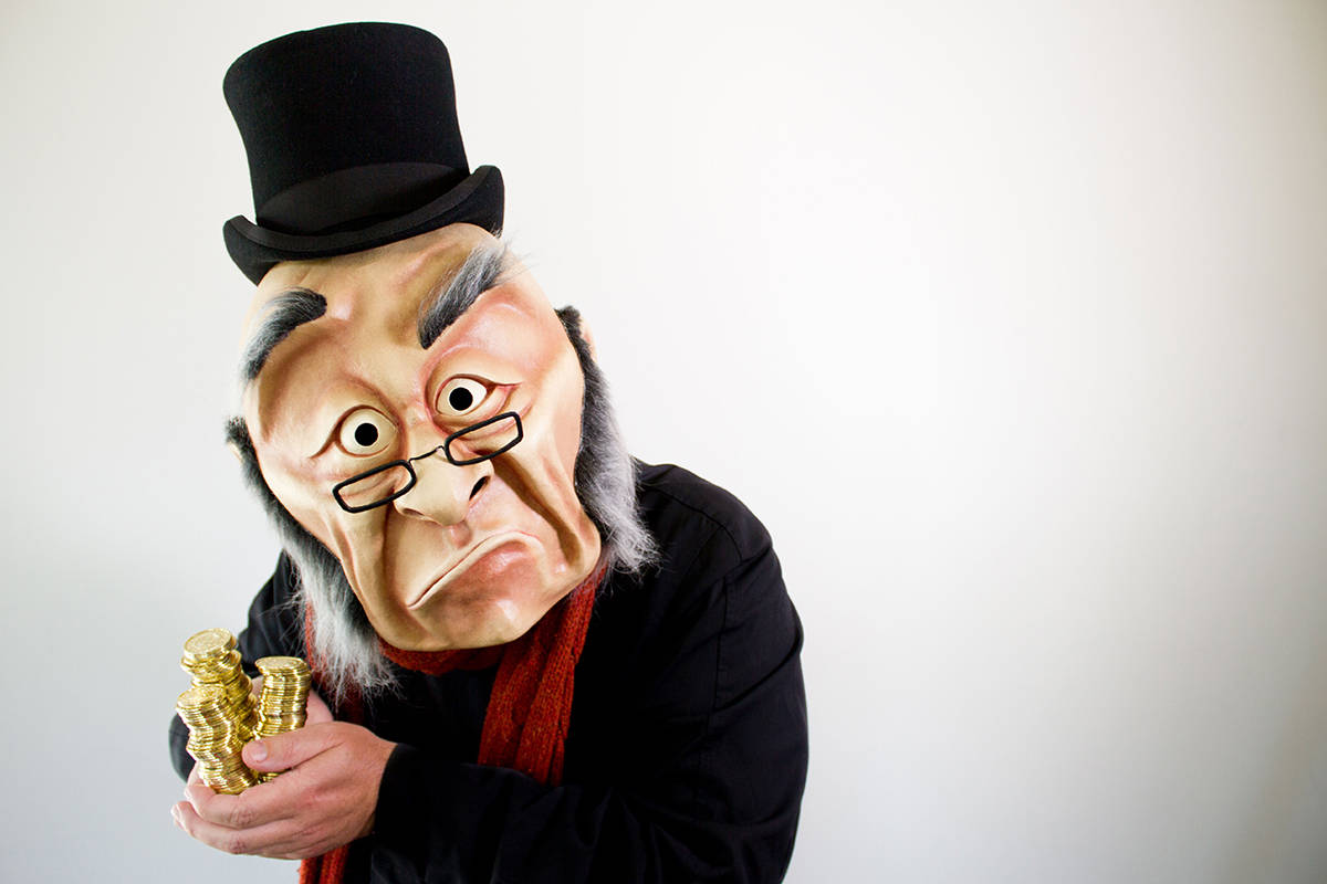An oversized Scrooge plays a central part in A Wonderheads Christmas Carol, playing Dec. 17 and 18 at the McPherson Playhouse. Photo by Kate Braidwood