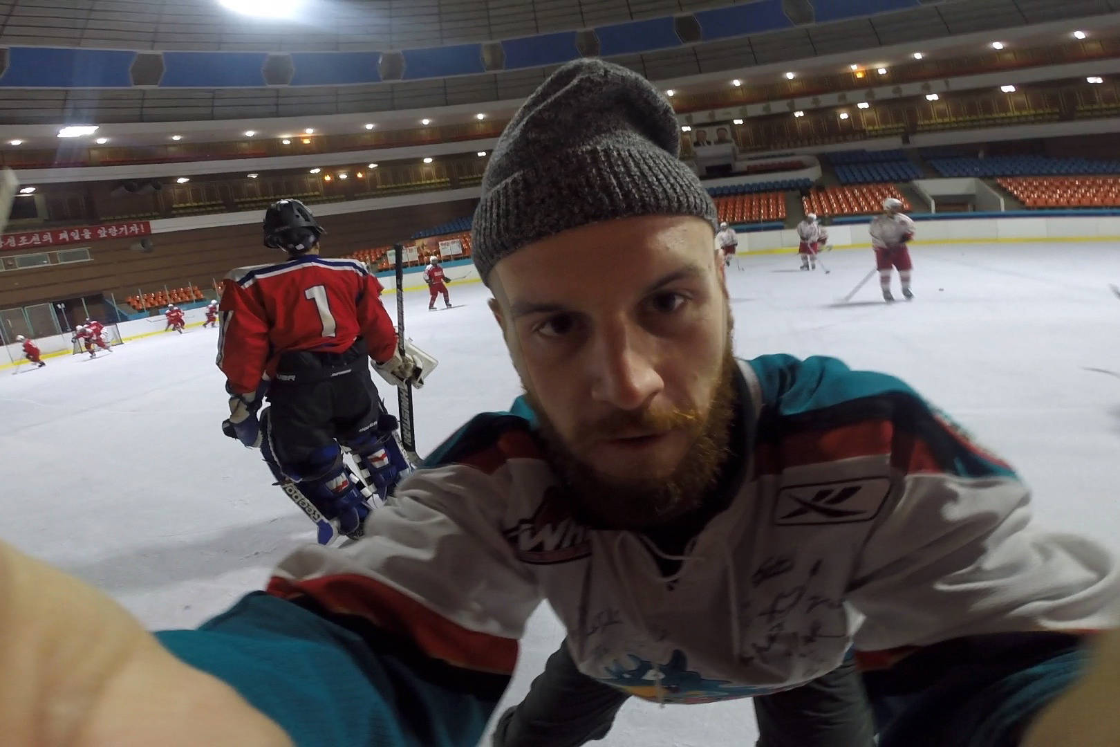 Kelowna filmmaker Nigel Edwards snaps a quick selfie in his Kelowna Rockets jersey while filming in North Korea. (Contributed)