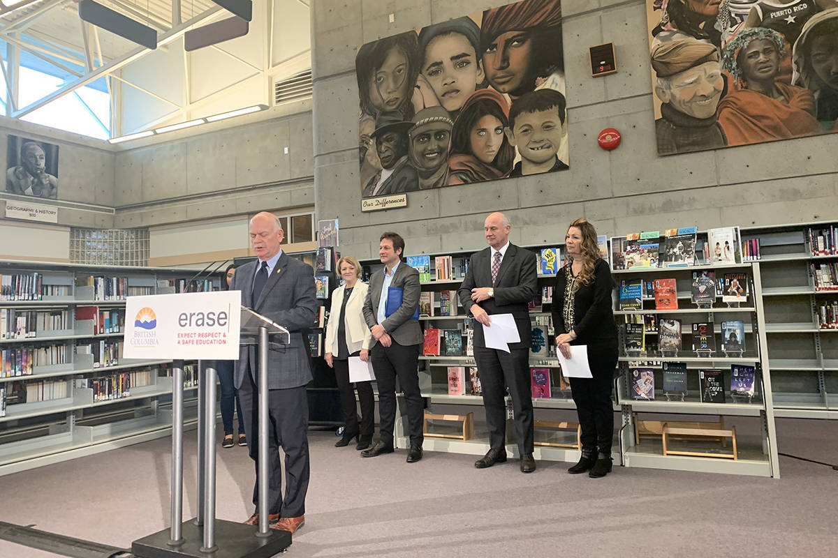 Surrey MLA Garry Begg speaks to a crowd at North Surrey Secondary School on Dec. 5 as the provincial government announces more funding for gang prevention programming. (Photo: Twitter@RachnaSinghNDP)