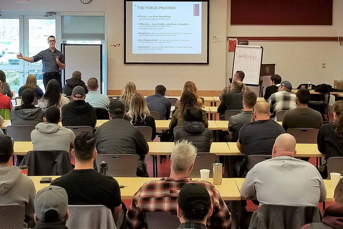 Tim Black instructs police, firefighters and first responders in trauma resilience on Monday, December 9, 2019. (Courtesy Saanich Police)                                Tim Black instructs police, firefighters and first responders in trauma resilience on Monday. (Saanich Police)
