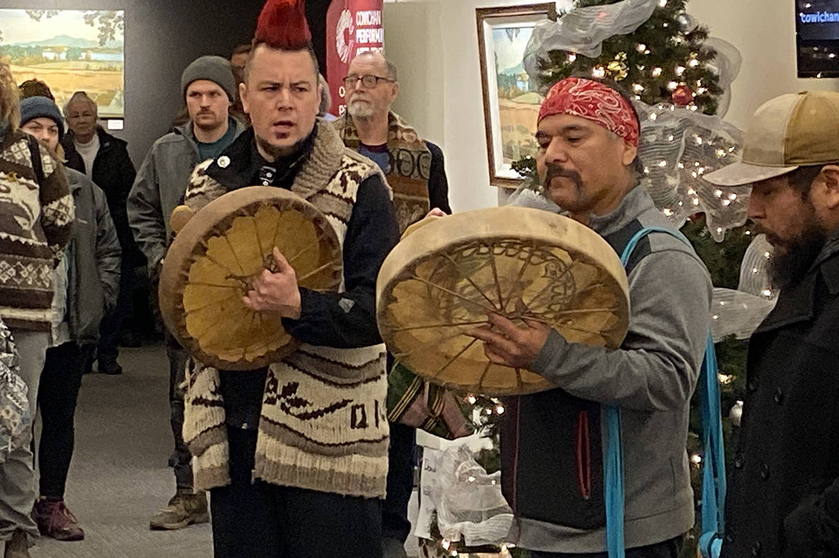 First Nations drummers make their presence known in the lobby of the Cowichan Performing Arts Centre in advance of a public hearing on a proposed rezoning of property owned by the Cowichan Motorsport Circuit. Cowichan Tribes has been opposed to expansion plans at the site. (Warren Goulding/Citizen)