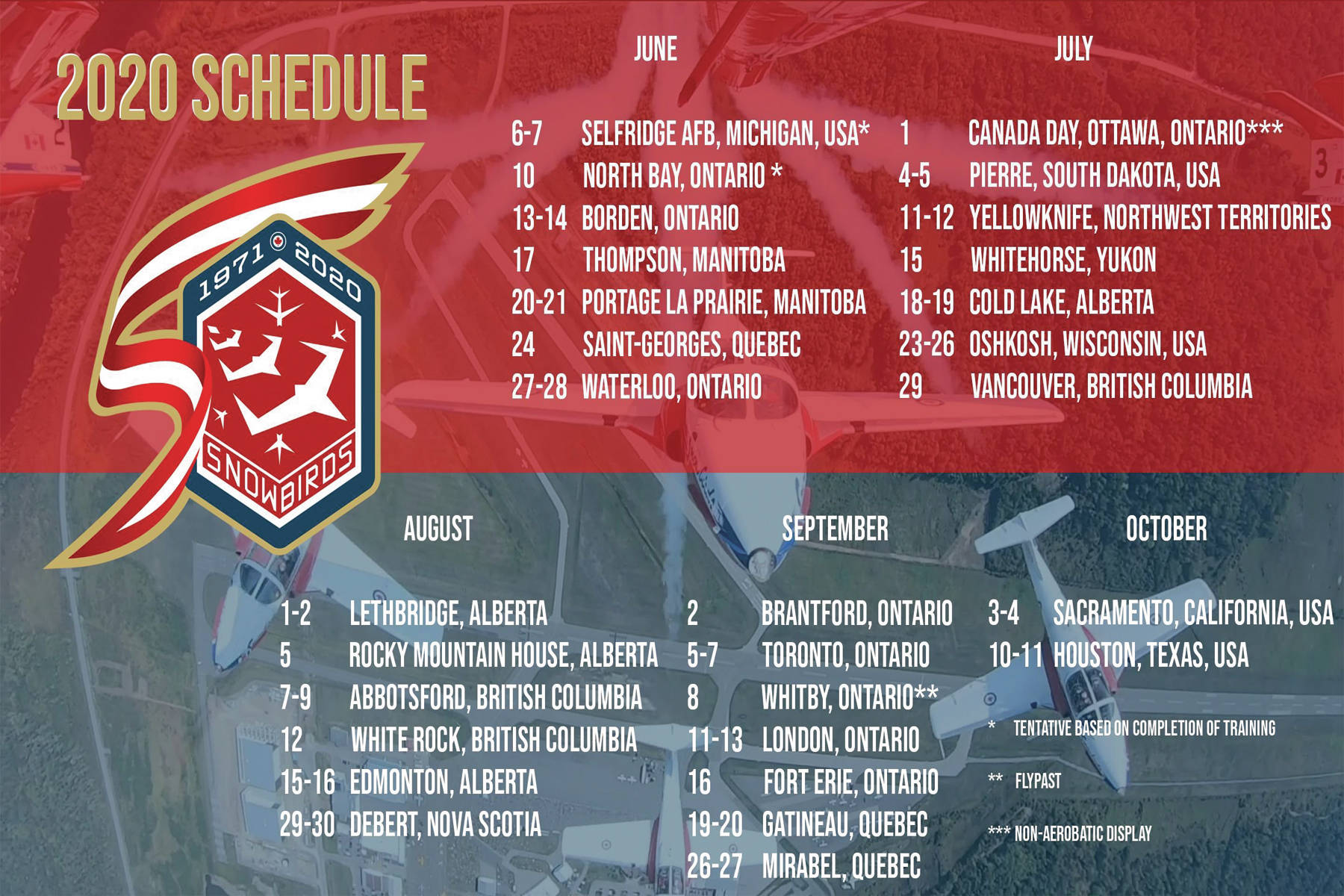The Snowbirds 2020 air show schedule.